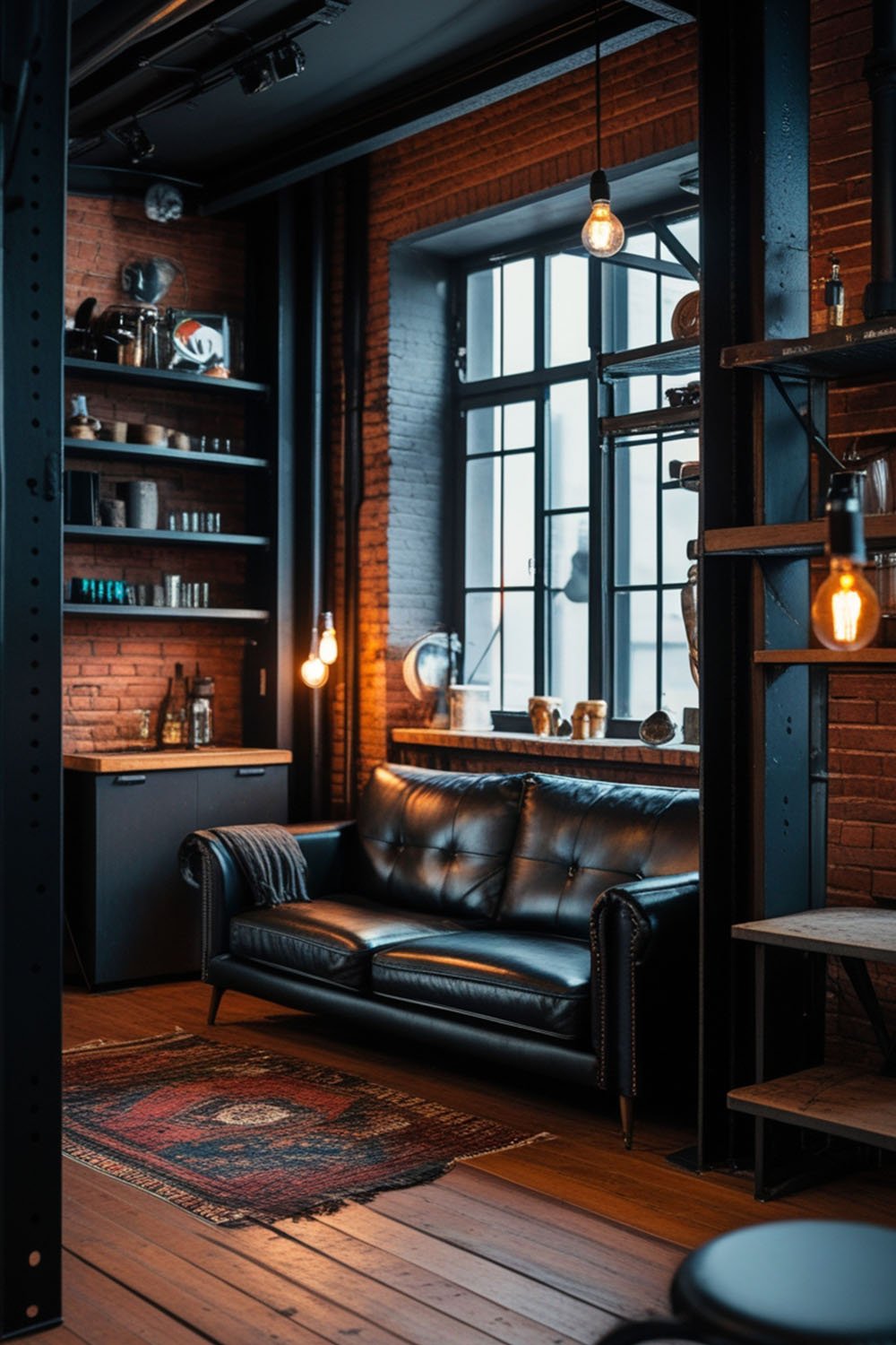 View of Modern Studio Apartment Ideas: Matte Black & Wood - Various Loft